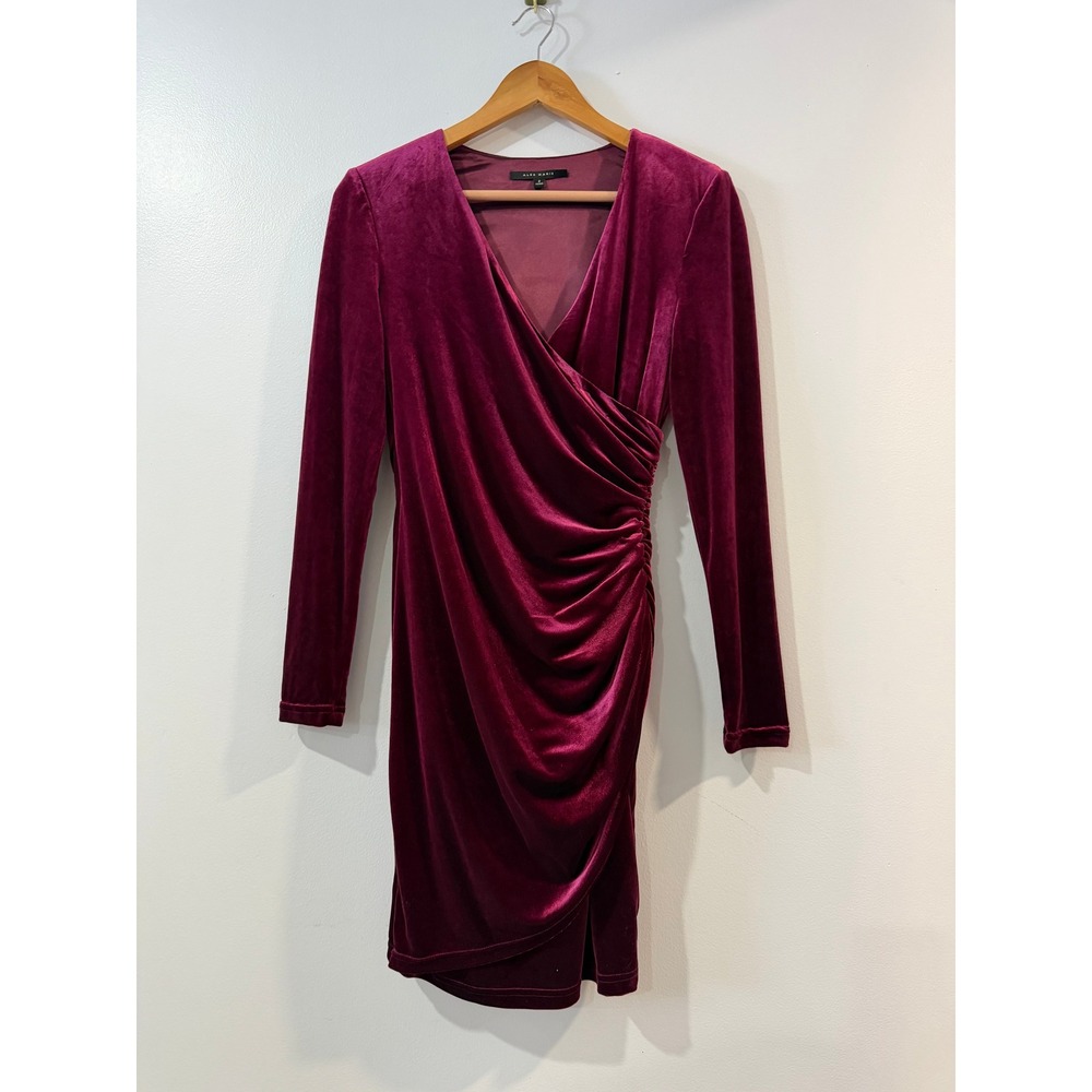 Alex Marie Womens Burgundy Velvet Long Sleeve Ruched Wrap Sheath Dress Size 2